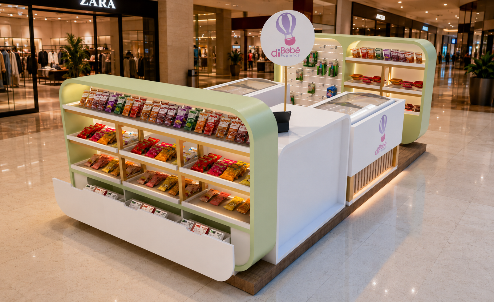 Quiosque diBebê Papinhas visto de ângulo, com expositores completos de produtos e freezers