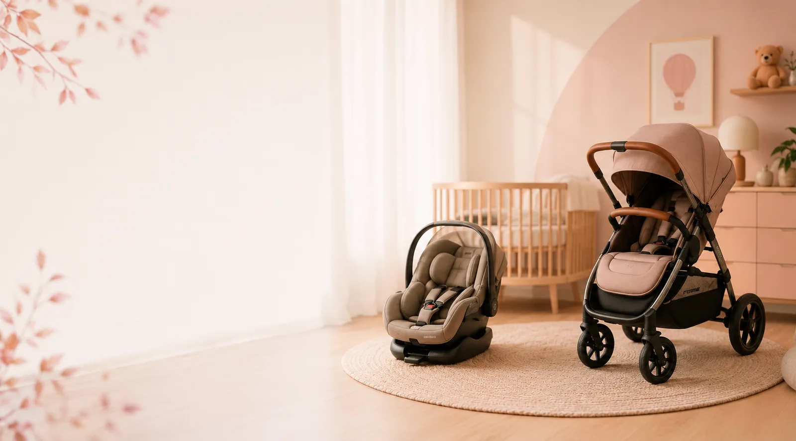 Quarto de bebê com carrinho e bebê conforto disponíveis para aluguel na diBebê