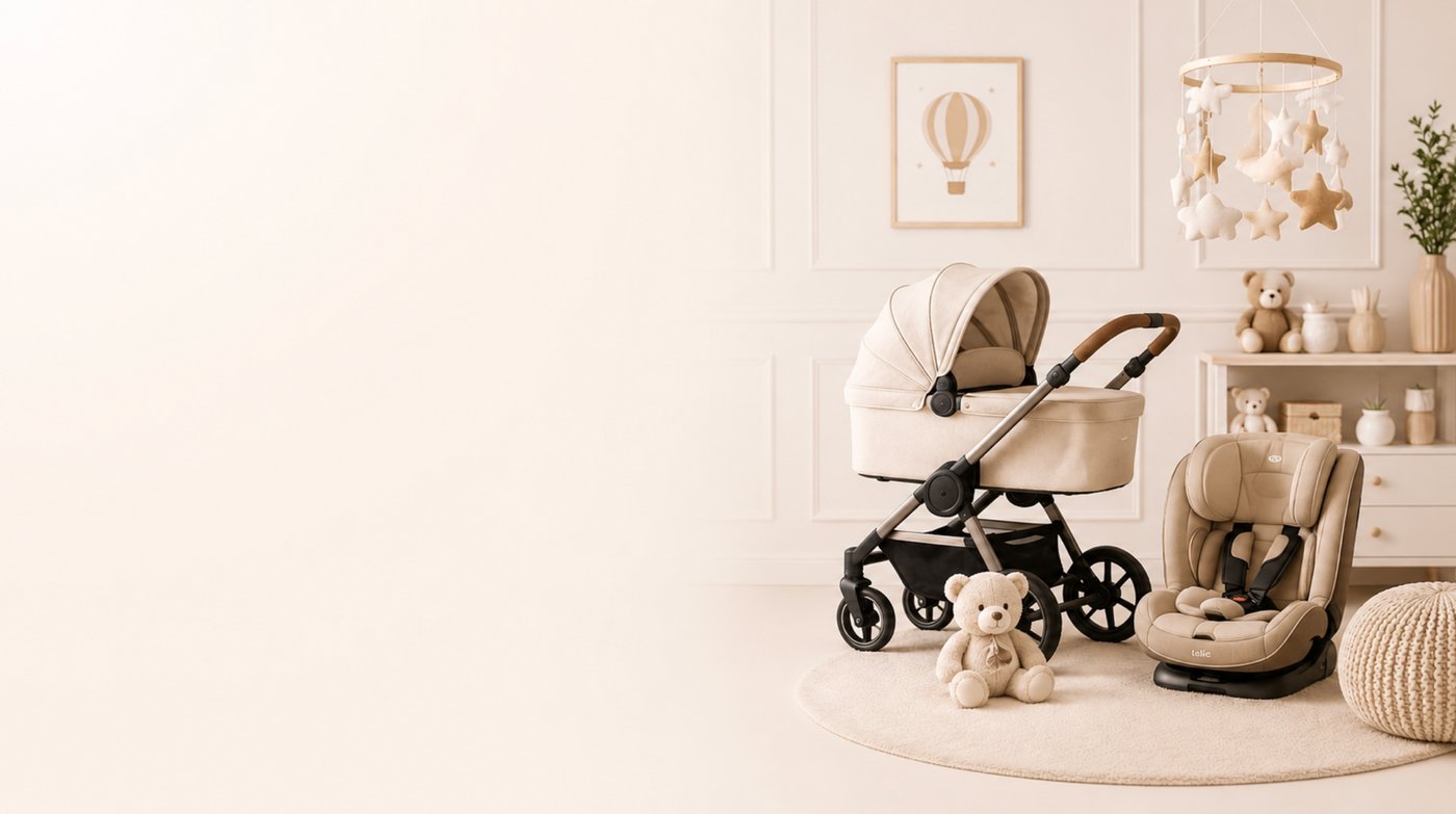 Carrinho de bebê, cadeirinha de carro e pelúcia em quarto premium
