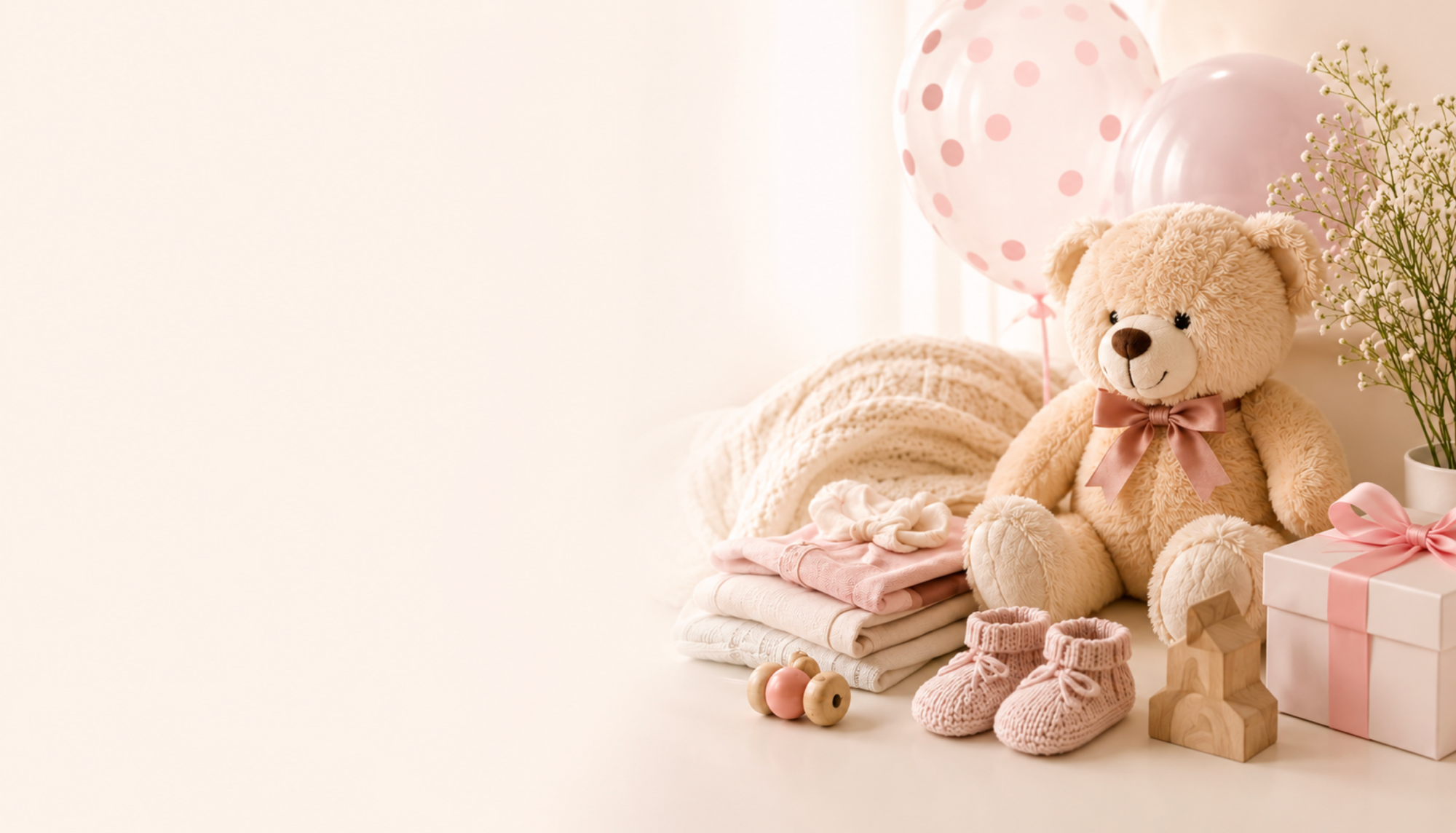 Urso de pelúcia com laço rosa, balões e presentes de chá de fralda