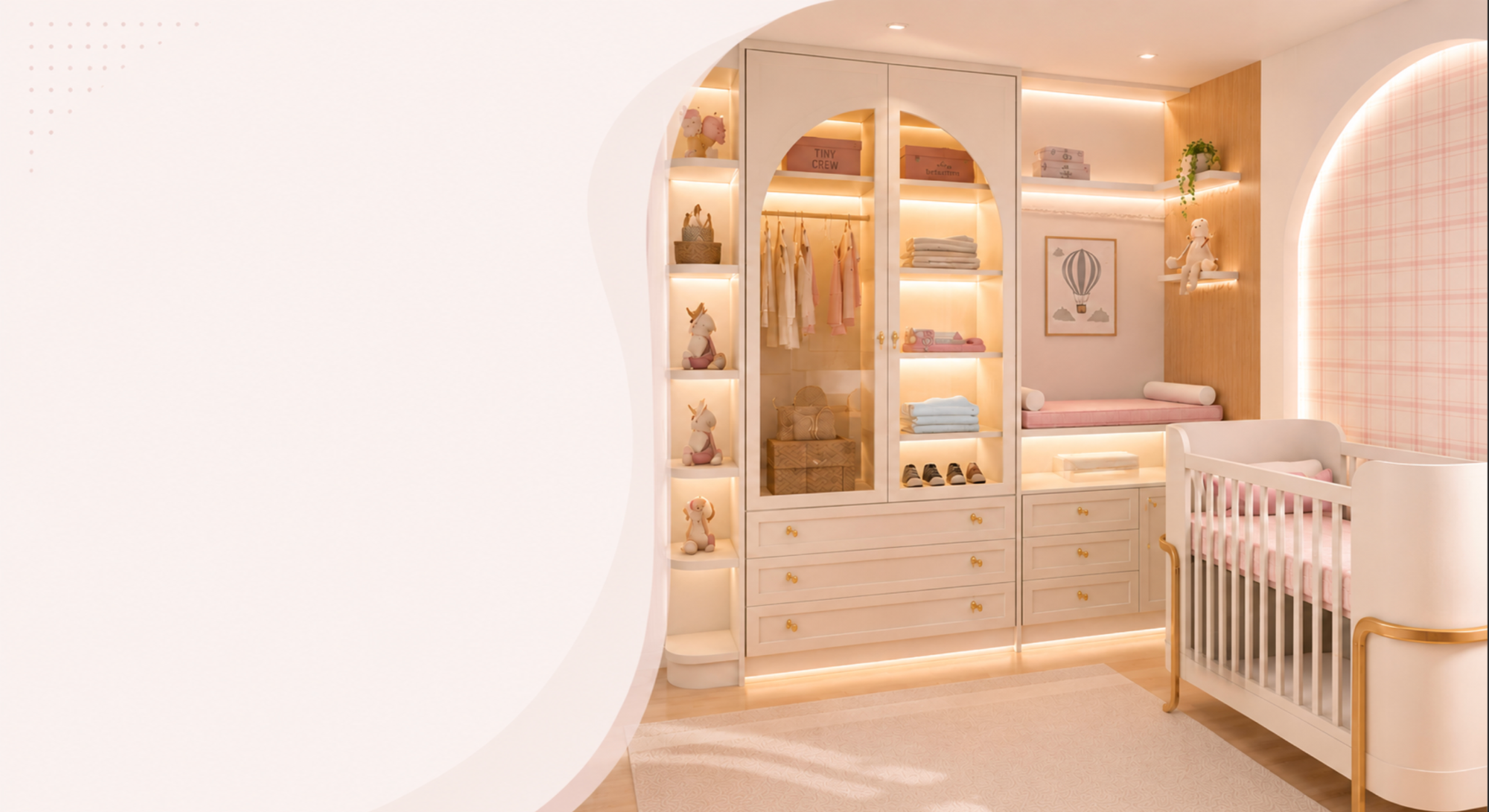 Quarto de bebê sob medida — guarda-roupas, prateleiras iluminadas e berço premium